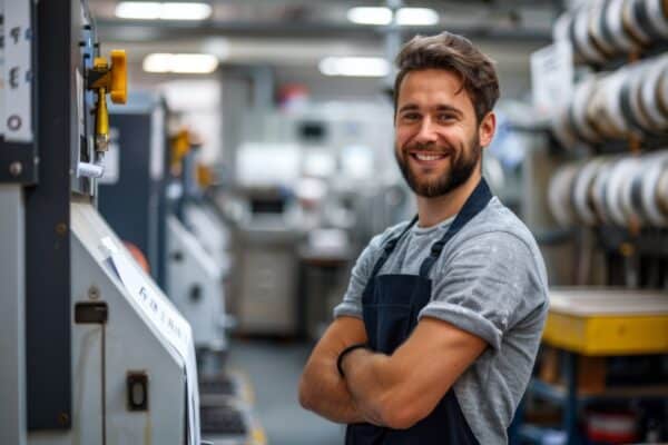 Light industrial worker posing in a manufacturing facility